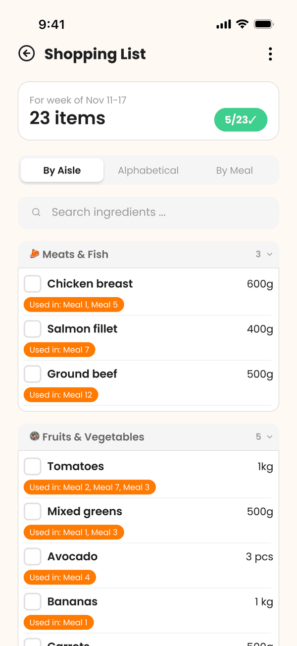 Miala smart shopping list sorted by aisle